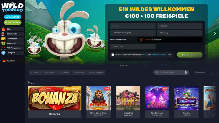 100 Euro Bonus plus 100 Freispiele bei Wild Tornado!